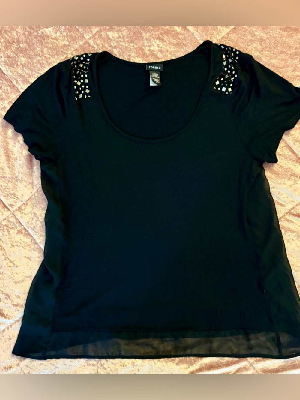 torrid Black Short Sleeve Top with Studded Shoulders and Sheer panels size 2 2X